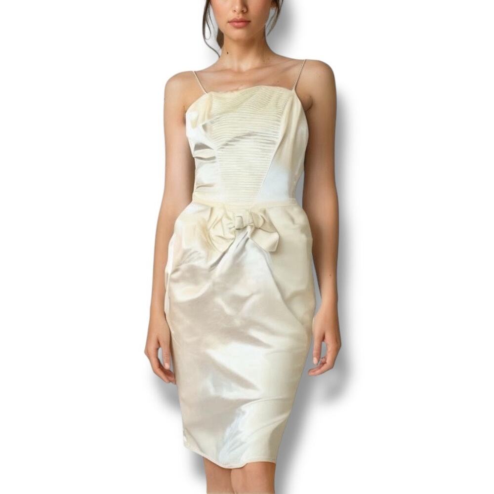 Vintage Gunne Sax XS Crystal Strap Satin Mini Dress Cream Bridal Old Hollywood